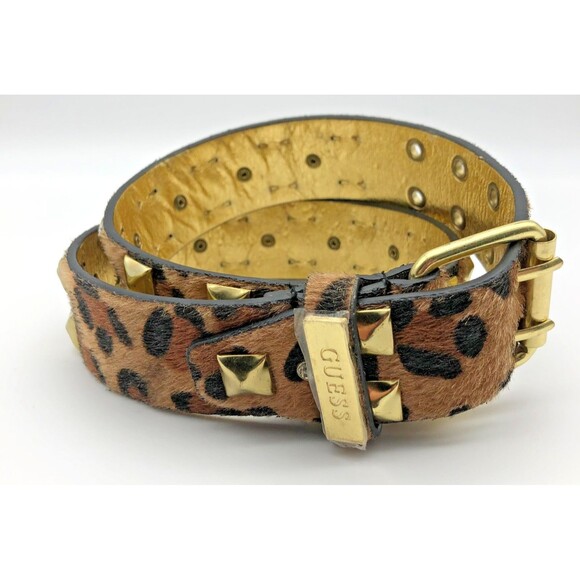 Guess Leopard Print Belt Brown Gold Size Small Logo Faux Fur Buckle Studs Jewels - Picture 1 of 6